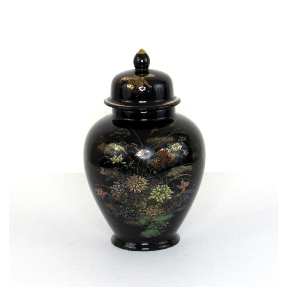 Vintage Artmark Japan Ginger Jar Urn Vase Black Gold Trim Floral Bird 7.5"